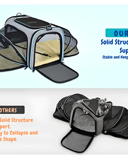 Pet carrier with solid structure support compared to others on a light blue background