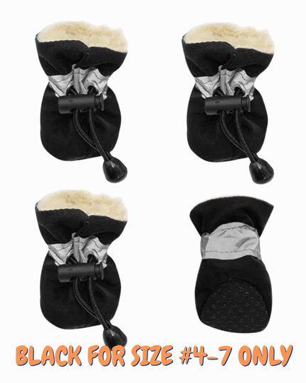 Four black dog boots with fur lining on a white background