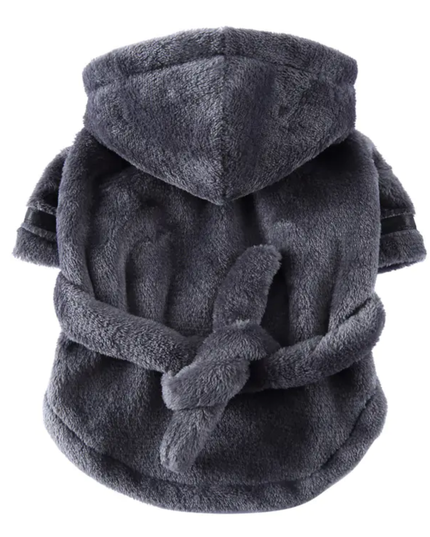 Dark gray fleece robe with hood on a white background