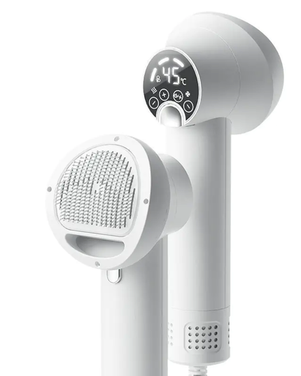 White handheld hair dryer with digital temperature display on a white background