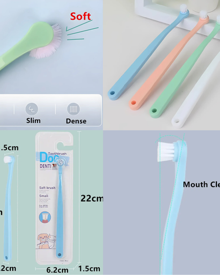 Collage of dental brushes with measurements and features on a light gray background
