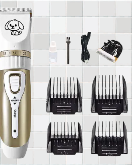 Pet grooming clipper with attachments on a tiled wall background