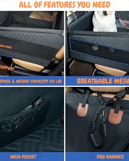 Collage of a car seat cover with features highlighted, including expanded space, strong support, breathable mesh, mesh pocket, and dog harness.