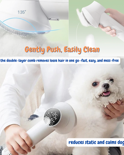 Dog being groomed with a grooming tool, featuring text about the product's benefits.