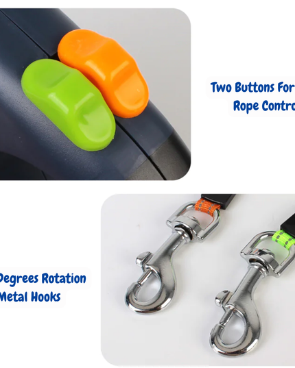 Close-up of a dog leash handle with green and orange buttons and metal hooks on a white background.