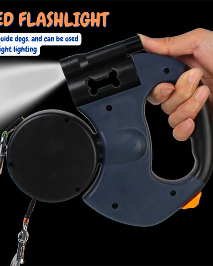 Retractable LED flashlight held by a hand with text about its uses.