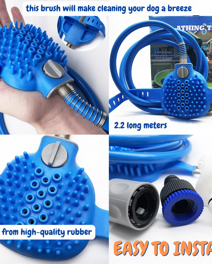 Blue pet grooming tool with text highlighting features and ease of use.