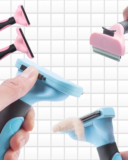 Pet grooming tool with pink and blue handles on a grid background