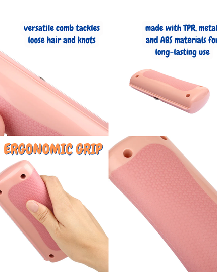 Pink comb with text highlighting features on a white background
