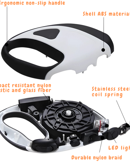 Dog leash with labeled features on a white background