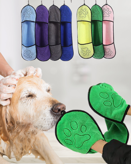 Person washing a dog with green grooming mitts, showing various color options above.