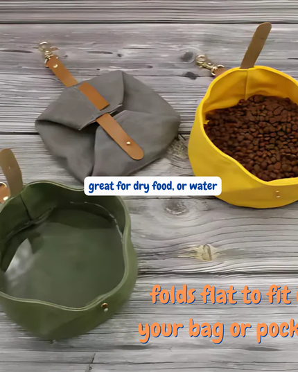 Three collapsible pet bowls in gray, yellow, and green on a wooden surface with text indicating their use for dry food or water.