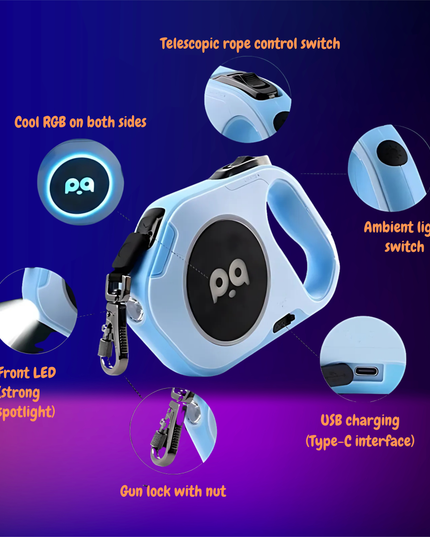 Blue pet leash with features highlighted on a purple and blue gradient background