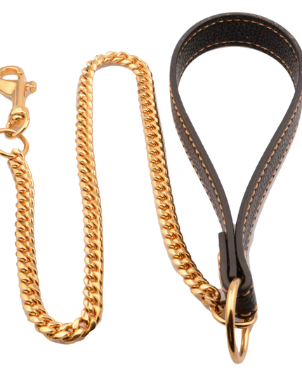 Gold chain dog leash with black leather handle on a white background