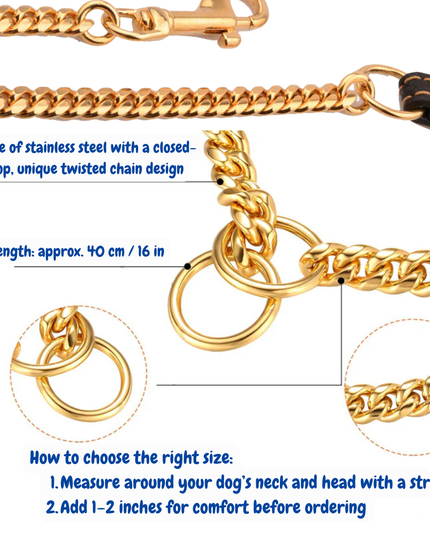 Gold chain dog collar with measurements and design details on a white background