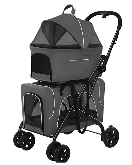 Gray pet stroller with a canopy on a white background
