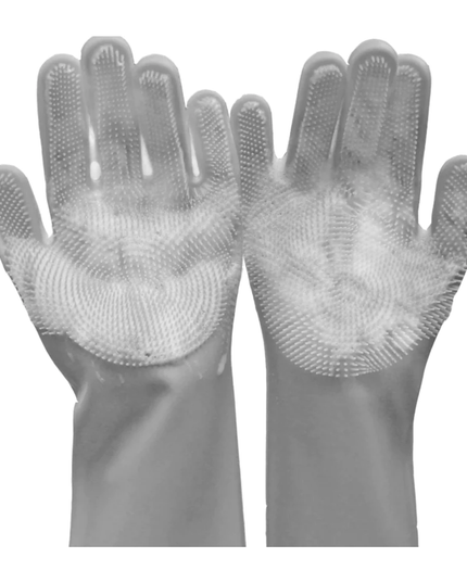 Pair of gray gloves with textured palm on a white background