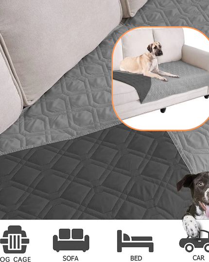 Gray quilted pet mat on a sofa with a dog lying on it, surrounded by icons indicating its use on various surfaces.