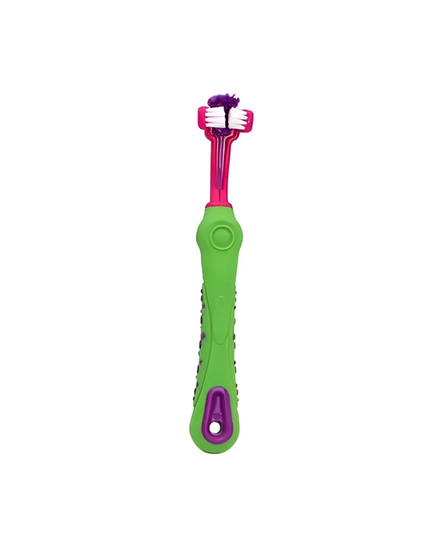 Green and pink children's toothbrush with a white background