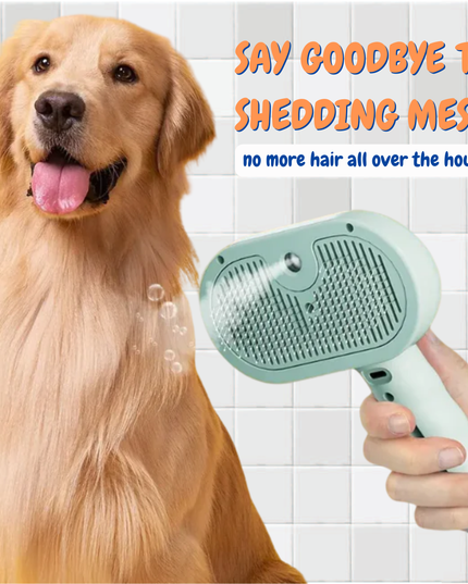 Dog with a grooming brush and text 'Say goodbye to shedding mess' on a tiled background