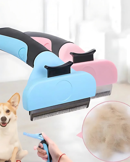 Pet grooming tool with a dog and close-up of hair being removed.