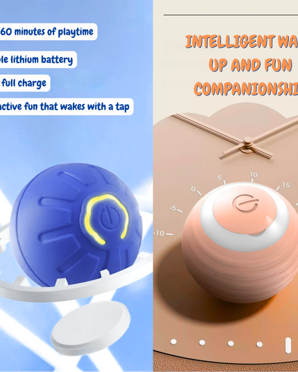 Two products, a blue and white ball-like device and a pink and white round device with a clock face, on a split background with text about features.