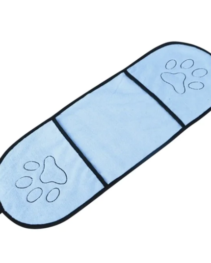 Blue pet cooling mat with paw prints on a white background