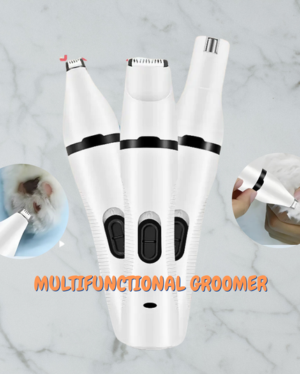 Multifunctional grooming tool with insets showing use on a pet and a person.