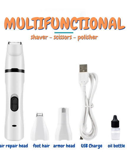 Multifunctional grooming tool with attachments and charging cable on a white background