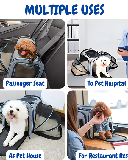 Pet carrier with multiple uses including passenger seat, pet hospital, pet house, and restaurant rest.