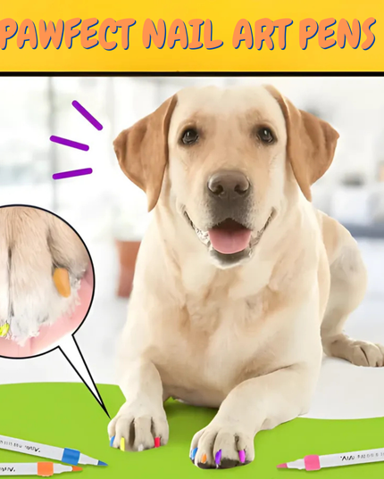 Dog with colorful painted nails next to nail art pens, with a focus on pet grooming products.