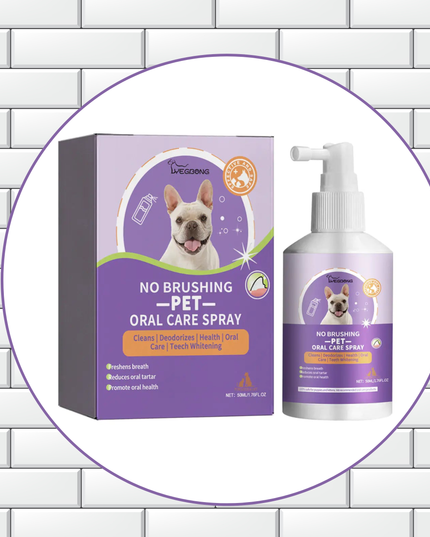 Pet oral care spray packaging and bottle on a tiled background