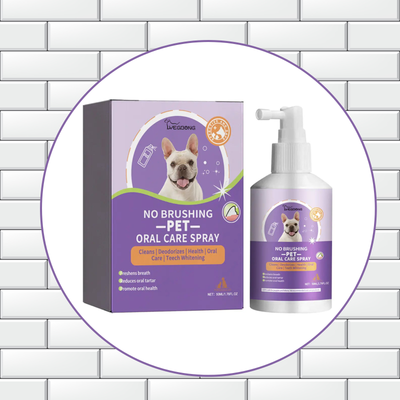 Pet oral care spray packaging and bottle on a tiled background