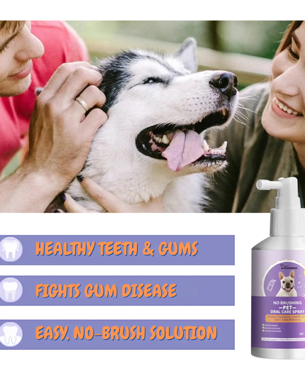 Dog with owners, dental care spray bottle, and text about dental care benefits.