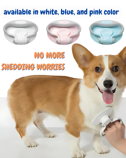 Dog grooming tool with a corgi and text about color options and shedding concerns.