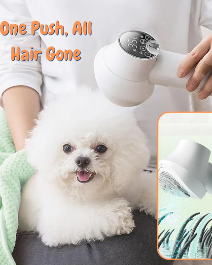 Person using a white grooming tool on a small white dog with text 'One Push, All Hair Gone'.