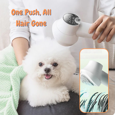 Person using a white grooming tool on a small white dog with text 'One Push, All Hair Gone'.