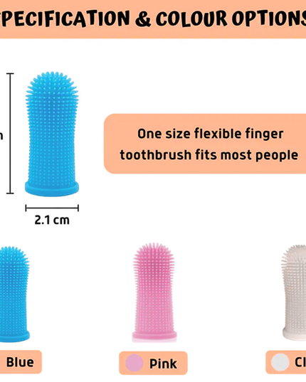 Flexible finger toothbrush with color options and dimensions on a white background
