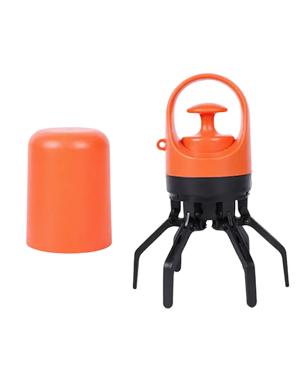 Orange and black device with claw-like structure on a white background