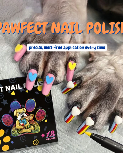 Pet's paws with colorful nail polish and a box of pet nail polish on a soft surface.