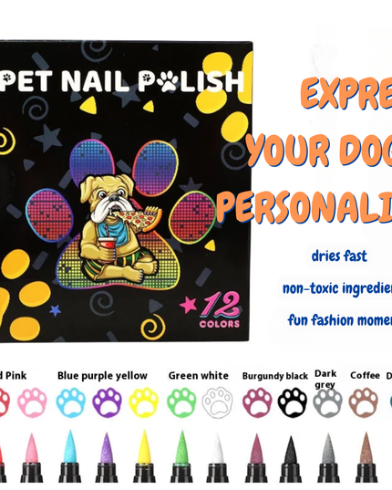 Pet nail polish set with colorful packaging and nail polish bottles displayed below.