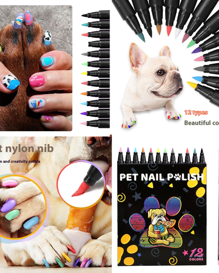 Pet nail polish set with colorful nail art on dog paws, soft nylon nib details, and a pack of 12 colors.