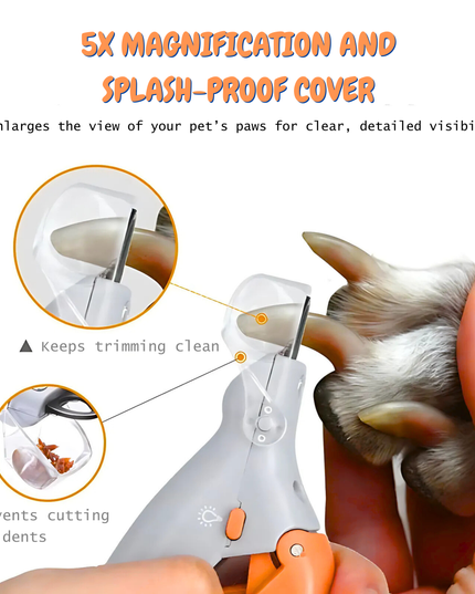 Pet nail trimmer with 5x magnification and splash-proof cover being used on a pet's paw.