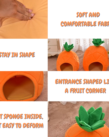 Collage of an orange pet bed with green accents, showing its features and design.