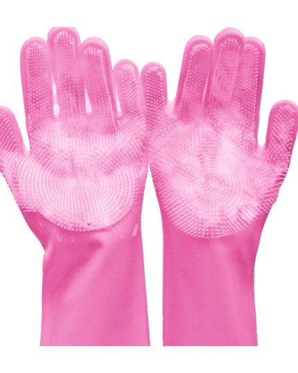 Pair of pink gloves with textured palm on a white background