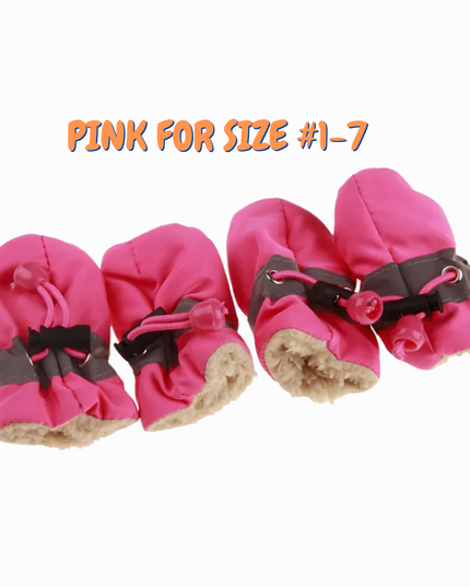 Pink dog boots with brown straps on a white background, labeled 'Pink for size #1-7'.