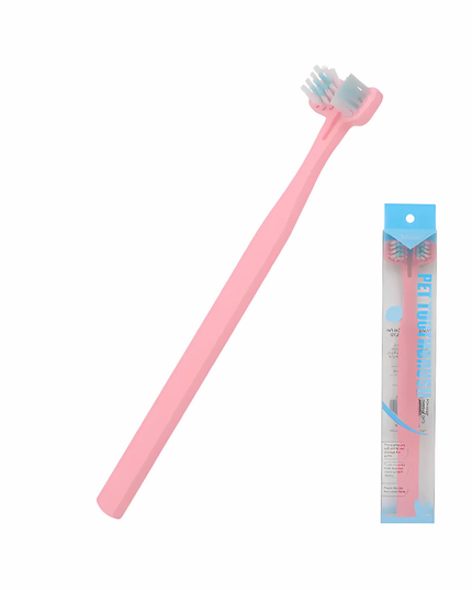 Pink pet toothbrush with blue bristles and packaging on a white background