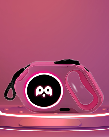 Pink and black device with a logo on a pink platform and background