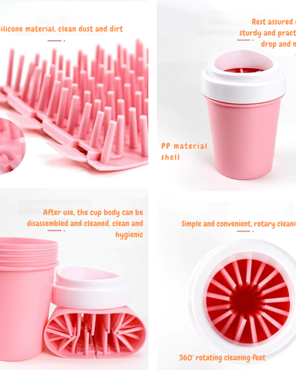 Pink cleaning brush and cup set with text describing features on a white background