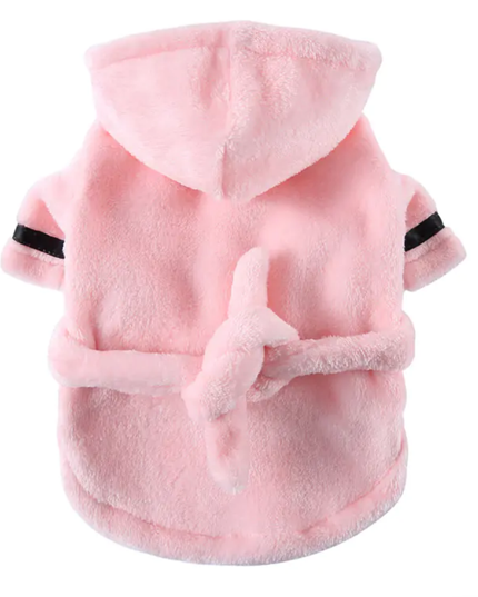 Pink fleece pet coat with black trim on a white background